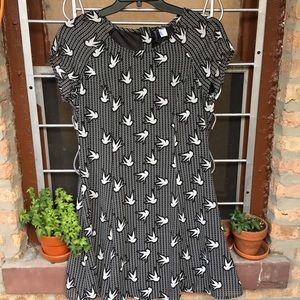 H&M black and white bird print skater dress quirky